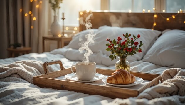 Cozy breakfast in bed with hot steaming coffee and fresh croissant