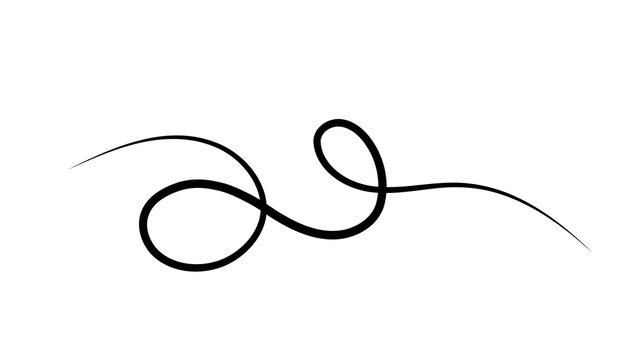 Black hand drawn swirl flourish line isolated on white background. Elegant calligraphy swoosh divider with thin curly loop. Decorative underline element for wedding invitations, logos and cards.