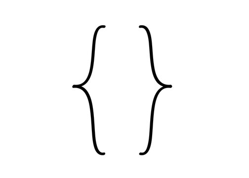 Black curly brackets symbol isolated on white background. Simple typography braces icon with elegant thin curved lines. Programming code element for web development, software and math design.
