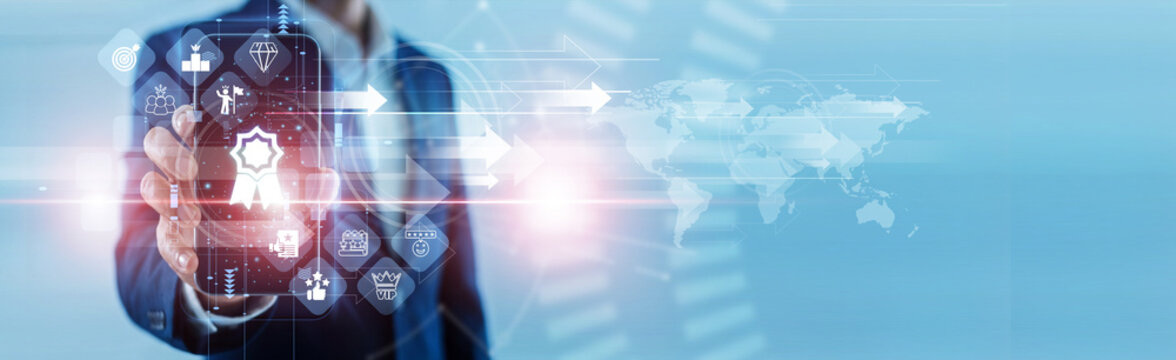 Recommendation - System tech. Businessman displaying on a smartphone tailored recommendation engine patterns optimizing international user engagement pathways. Personalized smart software.