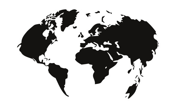 Black world map silhouette isolated on white background. Detailed flat continents and countries outline with simple minimalist style. Global geography element for travel, business and education.