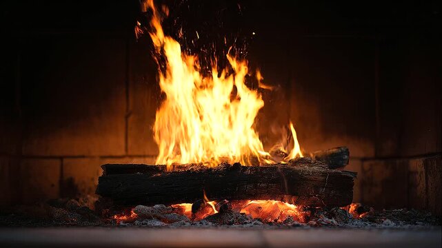 Bright flames rising from burning logs in a dark hearth, capturing the cozy warmth of a rustic fireplace, natural home heating, winter comfort, glowing embers, and crackling wood fir