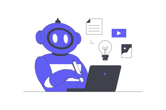 Writing Blog Content and AI Article Generation Creator. Cute AI Robot Working on Laptop with Lightbulb Idea Document Paper and Video Icon. Flat Cartoon Vector Illustration, icon Stylish abstract web
