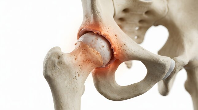 Detailed anatomical illust n of the human hip joint  focusing on the femoral head within the acetabulum  with emphasis on the surrounding cartilage and bone surfaces