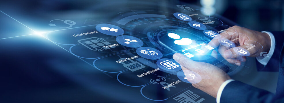 IT manager configuring servers on a mobile phone for Network Administration across a corporate world map, monitoring traffic alerts on a Virtual screen ensuring reliable infrastructure.