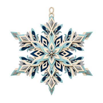 Layered Christmas Snowflake Ornament in Teal, Navy Blue, Silver and Cream Paper Cut Design Isolated on Transparent Background