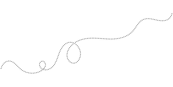 Minimalist dotted line path with loops, black dashed trail on white background, simple geometric flight route or movement map element