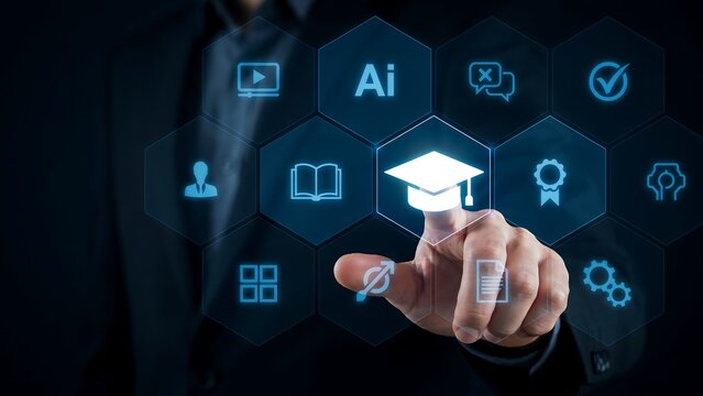 Businessman's finger touching digital graduation cap icon on a futuristic learning network during an online education concept