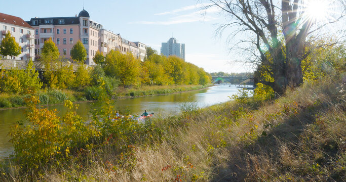 landscape kleiner werder in magdeburg downtown on a sunny autumn day, saxony-anhalt, germany, 
