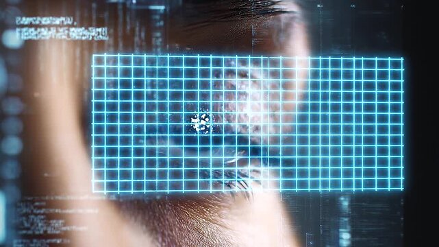 Human eye integrated with digital code and layered cyber data, illustrating futuristic AI surveillance, biometric recognition, facial identification, digital privacy, data analytics, and advanced secu