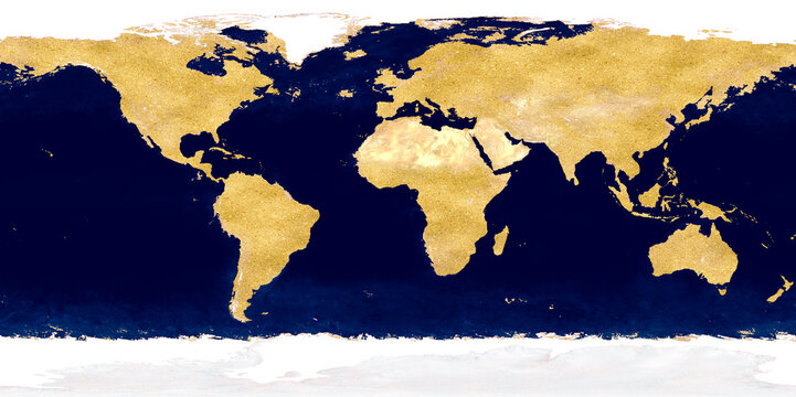 global map luxury gold dust mineral on land and dark blue on ocean with white mineral for ice and snow