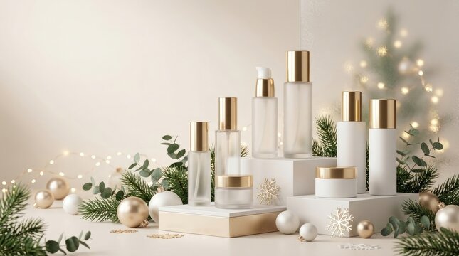 Various skincare bottles and containers arranged on decorative blocks against