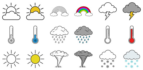 Fototapeta premium A collection of weather icons depicts various meteorological phenomena including sun, clouds, rain, rainbow, lightning, and snow, rendered in both line art and color.