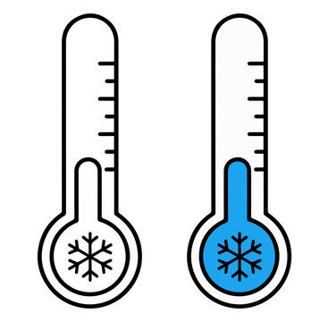 Two thermometers show temperature readings, one indicating a cold state with blue liquid and a snowflake symbol, the other a normal or empty state.