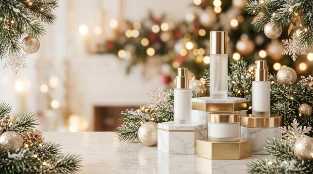 Collection of white beauty items on stone stands surrounded by elegant christmas
