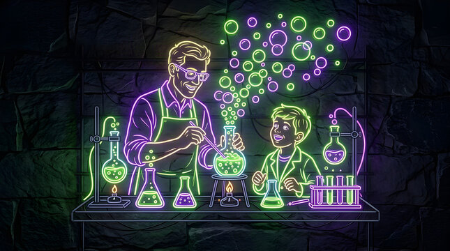 Neon sign illustration of a scientist conducting an experiment with a child student light art glowing test tube chemistry electric illumination
