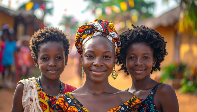 African women and girls smiling in traditional village