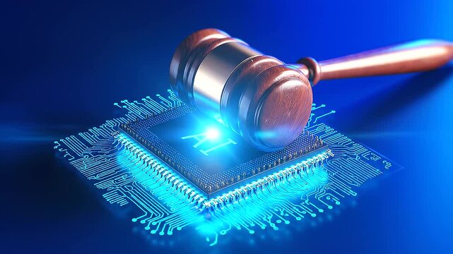 Judge's gavel resting on an illuminated AI processor, representing the legal regulation of artificial intelligence, cyber law, regulatory compliance, technology ethics, digital