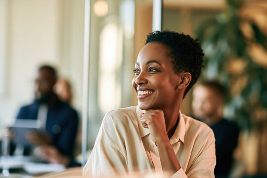 Smiling office colleague listening with her chin on her hand; cheerful employee at a collaborative team meeting
