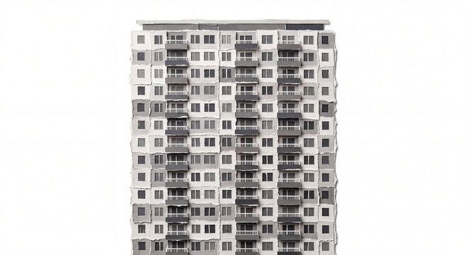 Modern Apartment Building Ripped Paper Craft Illustration Isolated on White Background, Monochrome Torn Paper Architecture Design
