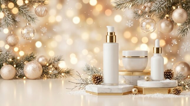 Skincare bottle and cream jar set on a marble base during the christmas season