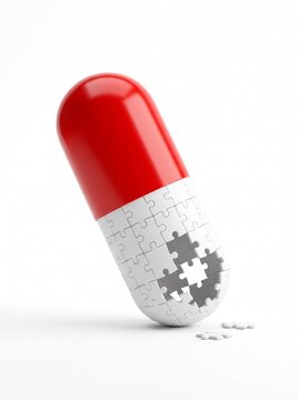 Medical pill capsule made of incomplete jigsaw puzzle pieces, psychological therapy and mental healing process concept on white background
