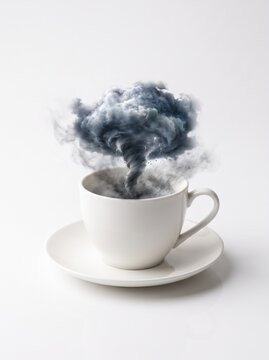 White teacup holding miniature dark storm and tornado, panic attack and inner anxiety turmoil concept on white background