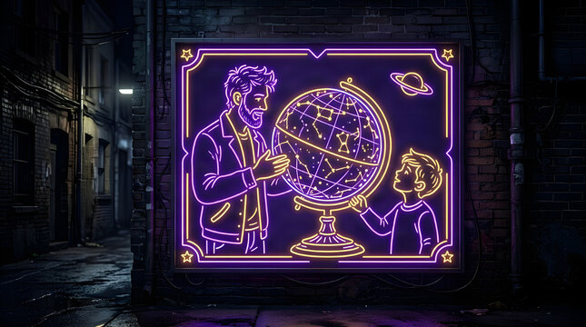 Teacher showing a student the rotating celestial globe in a neon classroom display with astronomy education colorful electric learning knowledge mentorship astrophysics