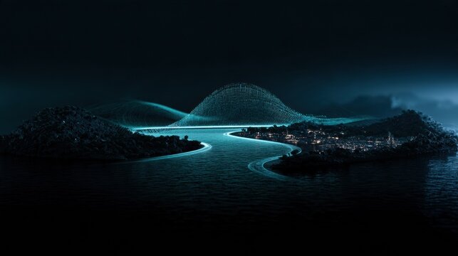 Dark disconnected islands symbolizing siloed data systems, connected by teal streams, forming a unified data lake.