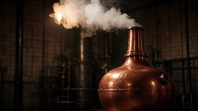 Steam around a copper distillation vessel in a dim workshop