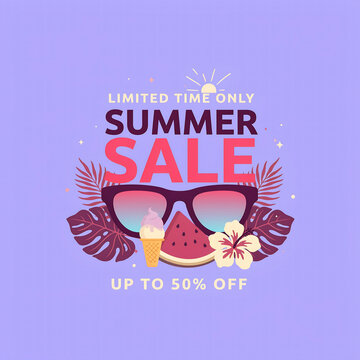  Summer sale promotional square banner with tropical leaves and ice cream for retail marketing design