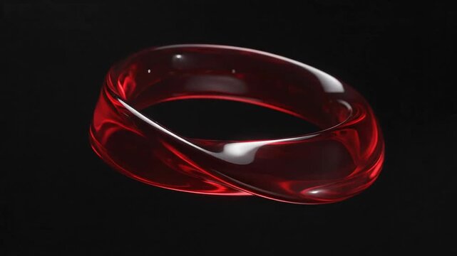 Glossy red glass mobius strip rotating smoothly against a dark background