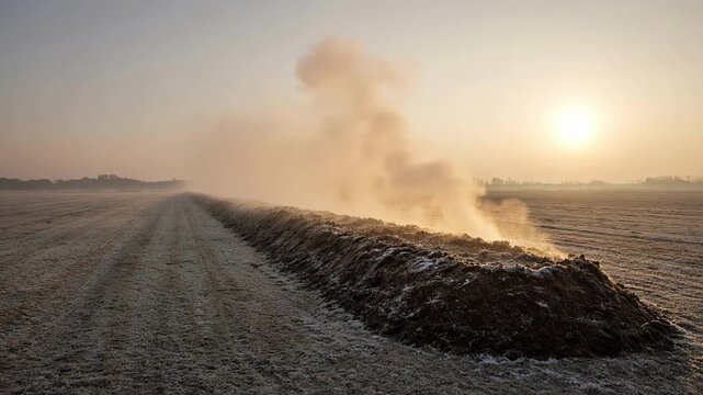 Steam rising from compost rows beneath a golden sun