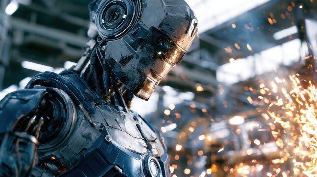 Weathered humanoid robot beside flying sparks in a factory