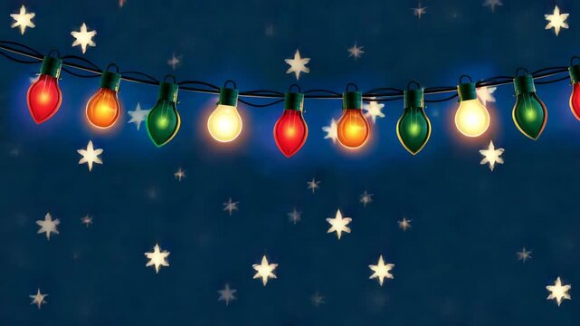 Christmas String Lights Bulbs on Midnight Blue Background Festive Garland Vector Animation
