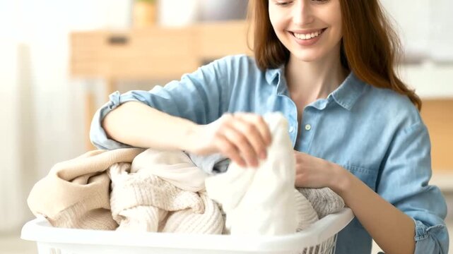 Smiling young woman sorting clean laundry in white basket at home, fresh clothes, housekeeping routine, fabric care, hygiene, domestic comfort and everyday lifestyle concept
