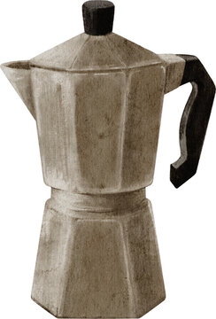Watercolor silver moka pot with black handle