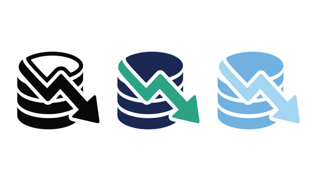 Set of three database icons with downward trend arrows, representing data loss, declining storage, or negative financial trends, flat vector design