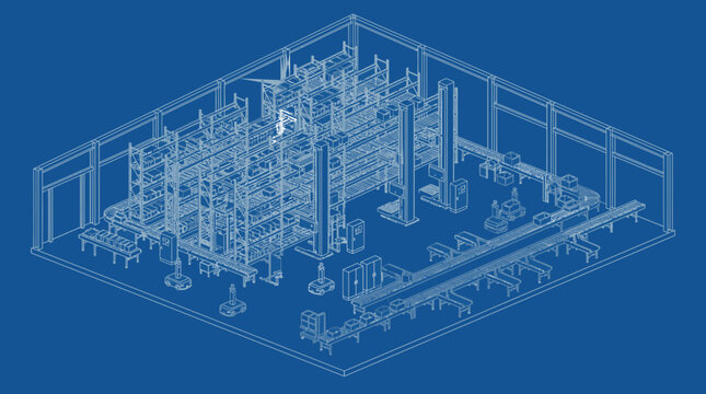 Industrial warehouse blueprint outlines an isometric logistics facility equipped with storage shelving units and packaging stations.