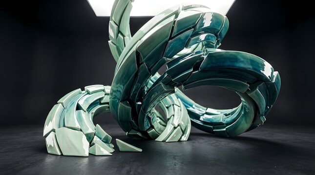 Abstract shattered ceramic sculpture in teal tones