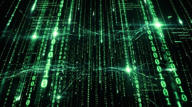 Green binary code falling like rain