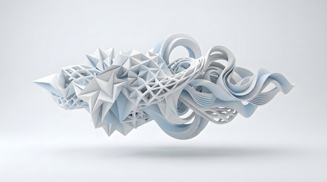 Abstract 3d sculpture with white geometric forms and flowing ribbons isolated on white background