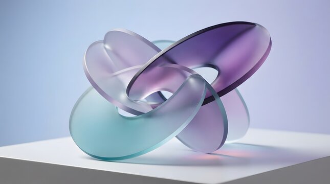 Abstract purple and teal glass knot sculpture on a white pedestal