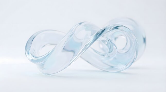 Minimalist transparent glass infinity loop sculpture isolated on white background