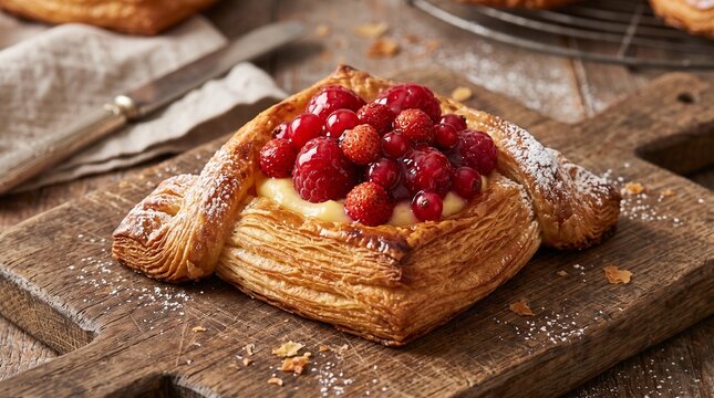 Golden Danish Pastry with Fresh Red Berries and Cream Filling