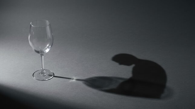 Empty wine glass casting a shadow of a person with head bowed in solitude alcohol free