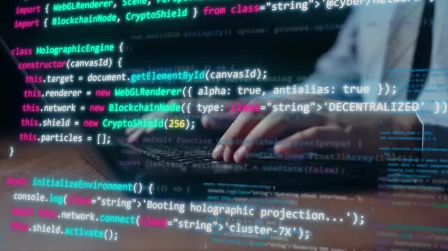 Programmer typing on keyboard with holographic interface coding hologram 4k video