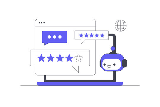 AI Rating Review and Automated Customer Feedback Sentiment Analysis. Laptop Screen Displaying AI Bot with Five Rating Stars and Chat Feedback Bubbles. Flat Cartoon Vector Illustration, icon Stylish 