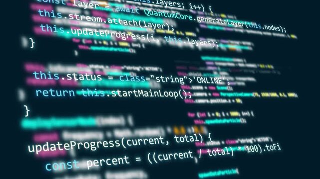 scrolling code with syntax highlighting on dark screen, digital programming interface, software development process, cyber security 4k video 3d
