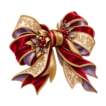 Elegant Christmas Ribbon Bow in Red Velvet, Gold Embroidery and Pearl Accents Isolated on Transparent Background
